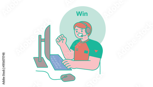 Gamer celebrating a win with a triumphant expression on computer