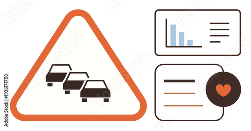 Traffic management, urban planning, safety insights, monitoring systems, analytics design, navigation tools. Warning sign with cars, bar graph and heart symbol. Traffic management and urban planning