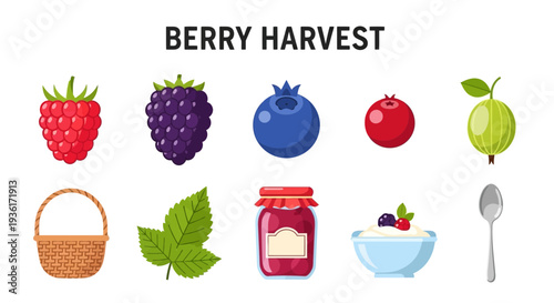 A collection of fruit harvesting tools and food preparations arranged in two rows under the title BERRY HARVEST