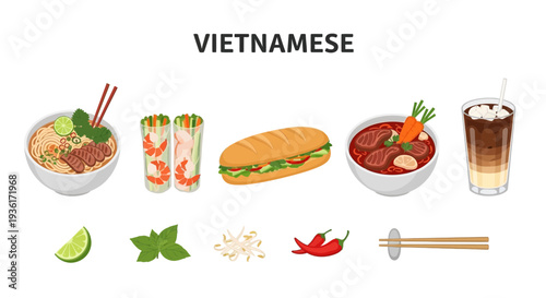 Flat illustration of various Vietnamese dishes and ingredients