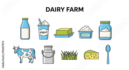 Dairy farm illustration with cow and milk products