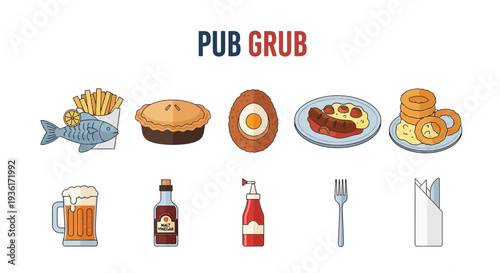 Illustration of various British pub food items and related objects