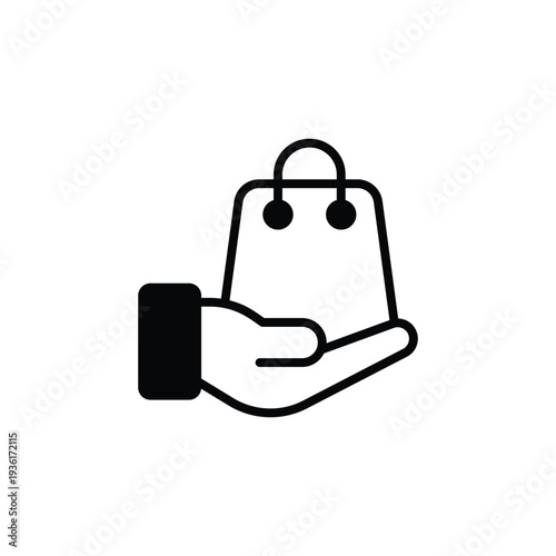 Hand holding a shopping bag icon, representing online shopping, purchasing, and customer service.