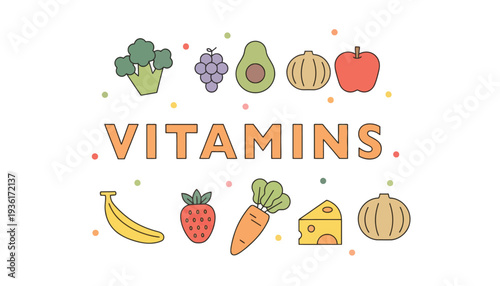 Vitamins icon illustration with various healthy food and colorful dots
