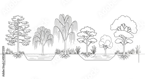 Diverse Trees and Root Systems in Waterlogged Soil: Ecological Illustration