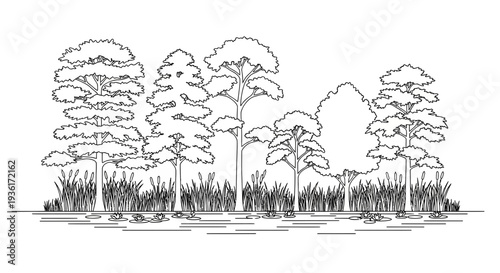 Black and White Line Drawing of a Serene Lakeside Forest Scene with Lily Pads