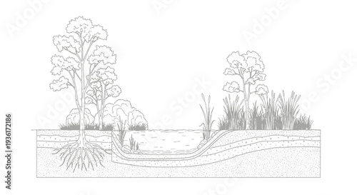 Cross-section of a wetland ecosystem showing plant roots, water table, and soil layers.
