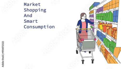 Shopping cart with woman in supermarket aisle with colorful shelves