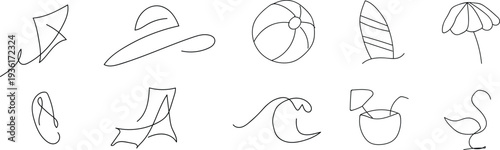 Set of Minimalist Continuous Line Art Beach Icons - Summer Vacation Doodles