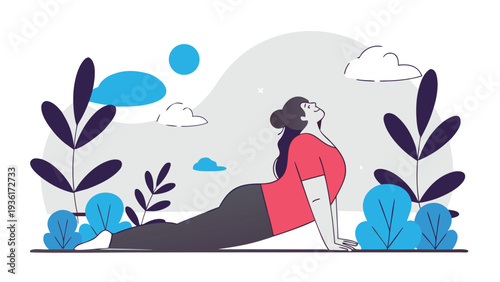 A woman in a red shirt performs an upward facing dog yoga stretch on the ground surrounded by blue plants and gray hills.