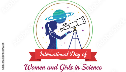 Telescope vector illustration of a girl on International Day of Women and Girls in Science