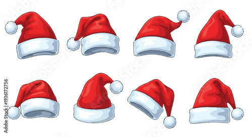 Red santa hat silhouettes in stylized line arrangement santa hats red hats white trim stylized line festive holiday decorative patterns