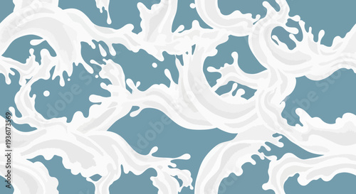 Seamless Pattern of White Milk Splashes and Waves on a Blue Background
