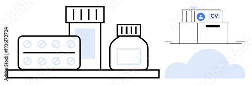 Medical supplies. Digital illustration medical bottles, pills, and organized data storage icons. Medical supplies in modern healthcare and data systems. For medicine, healthcare IT, cloud storage