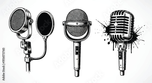 Stylized line- microphone stages with dynamic sound effects and grunge textures