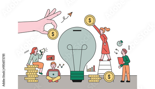 Crowdfunding concept with people investing in a lightbulb idea