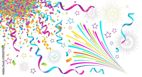 Explosion of Confetti, Streamers, and Fireworks for Celebration and Party