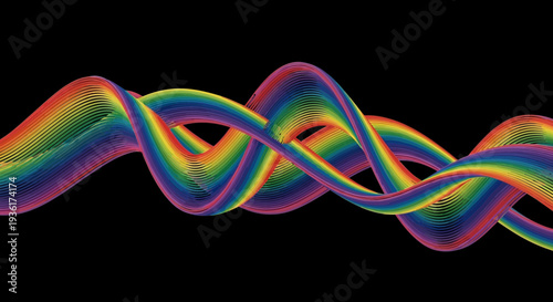 Abstract Rainbow Swirl Wave Form on Black Background, Futuristic Digital Art