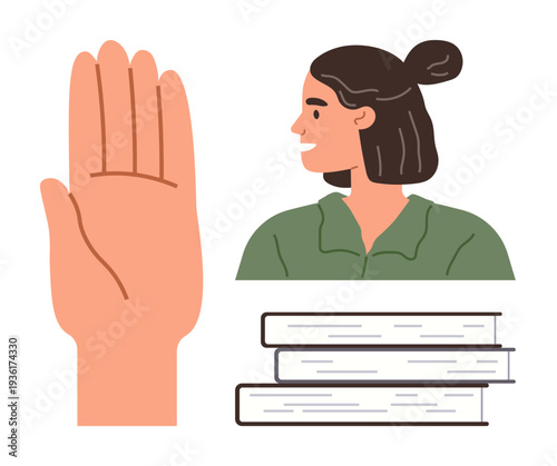 Education, communication, self-expression, knowledge, personal growth, study. Hand raised in gesture, woman in profile view and books stacked. Education and communication concept
