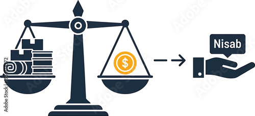Wealth and money on scale representing nisab in islamic finance concept