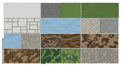 Texture Collage: Stone, Grass, Water, Gravel, Camouflage Patterns