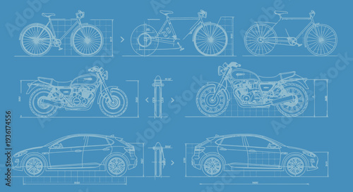 Vehicle Blueprints: Bicycles, Motorcycles, and Cars Technical Drawings on Blue Background