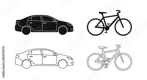 Car and Bicycle Icons: Black Silhouette and Outline Vector Set