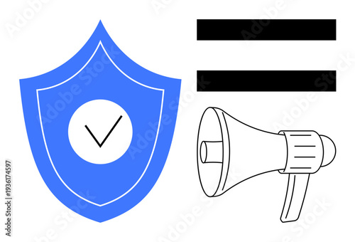 Blue shield with checkmark symbol, black equality sign, and megaphone portraying security, equality, voice, protection, inclusivity, advocacy and communication themes. Ideal for messaging
