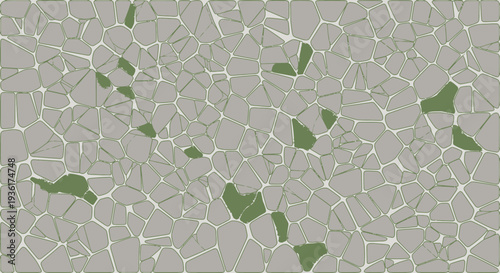 Abstract mosaic pattern with scattered green shapes, irregular stone texture background