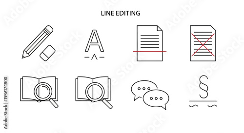 Line Editing Icons: Pencil, Eraser, Text, Document, Book, Magnifier, Chat, Paragraph