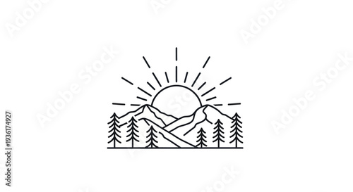 Mountain sunrise line art illustration