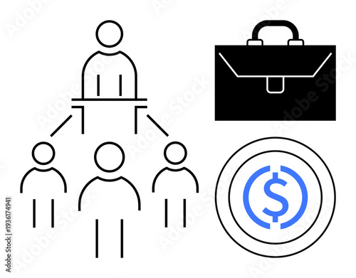 Team management, corporate structure, financial growth, business hierarchy, leadership roles, organizational development. A leader connecting to team members with symbols of money and business