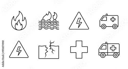 Emergency icons set: fire, flood, electricity, earthquake, ambulance, medical cross