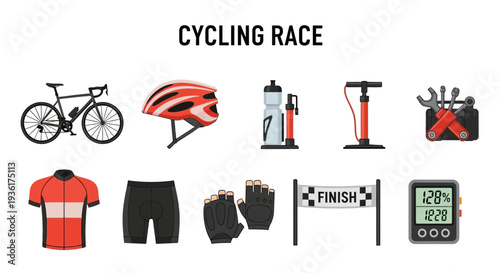 Collection of flatstyle illustrations related to cycling race gear and equipment