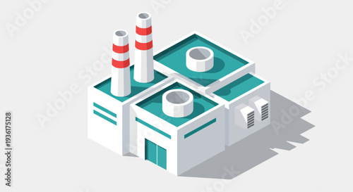 Modern Industrial Factory Building with Chimneys and Green Roofs.