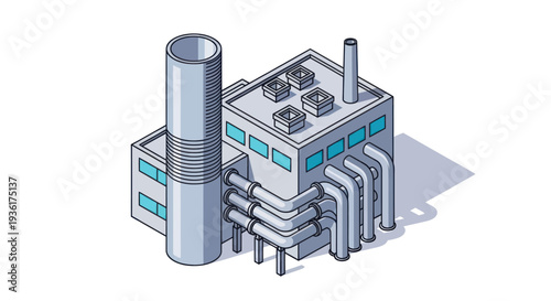 Modern Industrial Factory Building with Large Chimney and Pipes.
