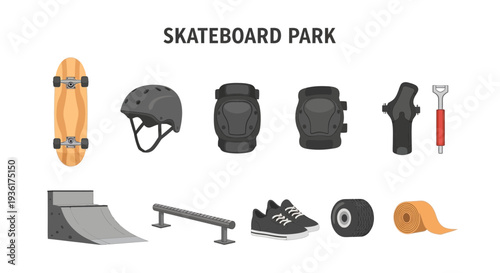 Vector illustration of skateboard park equipment and safety gear