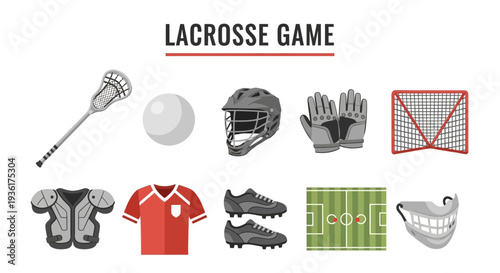 Collection of flatdesign icons representing lacrosse equipment and a field