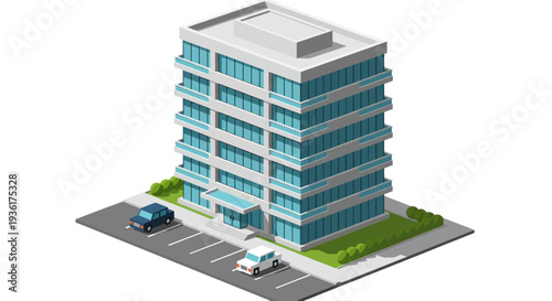 Modern Isometric Office Building with Parking Lot and Cars.