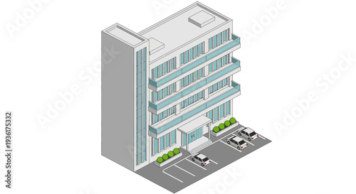 Modern Isometric Office Building with Parking Lot and Greenery.