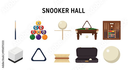Snooker Hall equipment items illustrated in two rows including cue balls table and accessories
