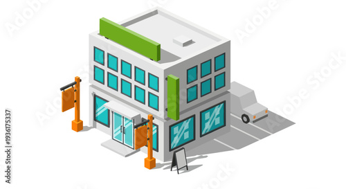 Modern Isometric Commercial Building with Storefronts and Signage.