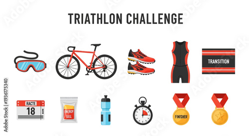 Illustration of triathlon challenge equipment and awards on a white background