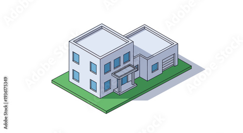 Modern Isometric House with Garage and Green Lawn.