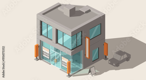 Photos Modern Isometric Commercial Building with Glass Facade and Car.