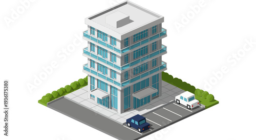 Modern Office Building with Cars and Greenery.
