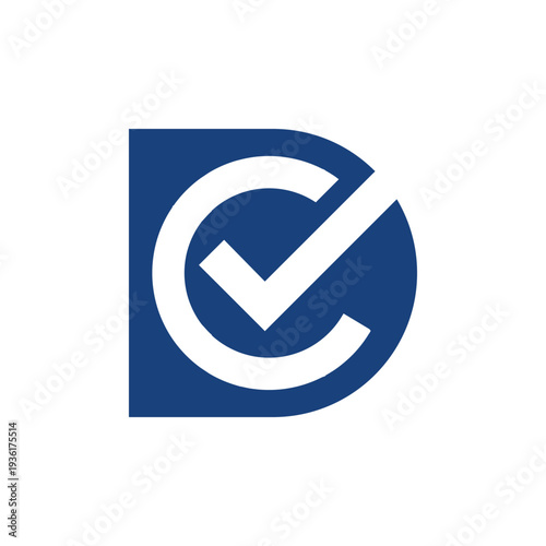 This is a logo design of an initial letter DC with a check mark that looks clean in blue and white color on a white background.