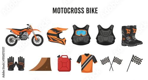 Illustration of motocross bike and associated gear safety equipment and track elements