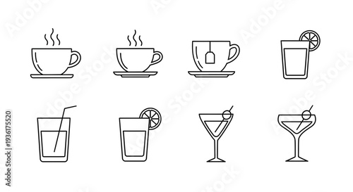 Set of Line Icons: Hot Drinks, Tea, Cocktails, and Juices in Glasses