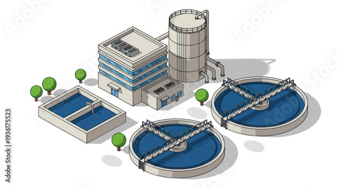 Modern Water Treatment Plant Facility with Industrial Buildings and Tanks.